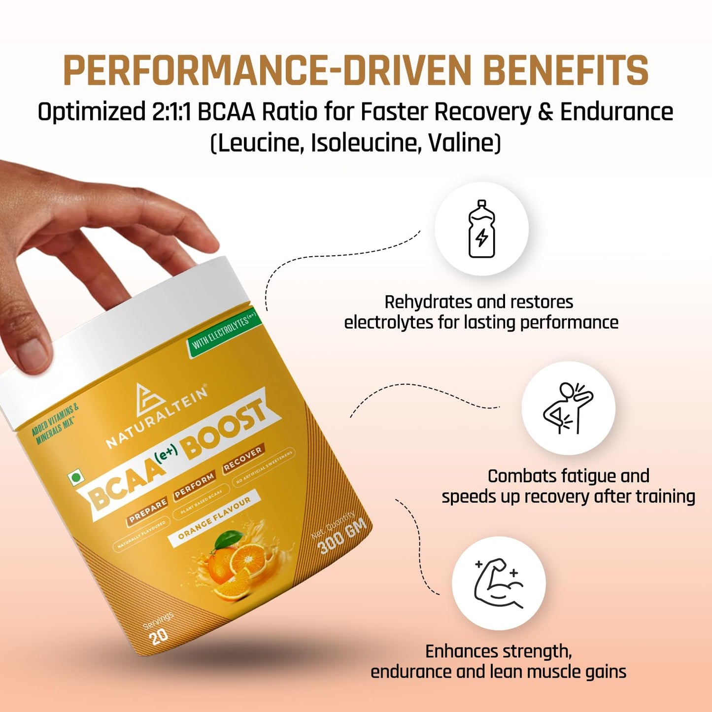 Naturade BCAA Boost supplement packaging with performance benefits text on a beige background