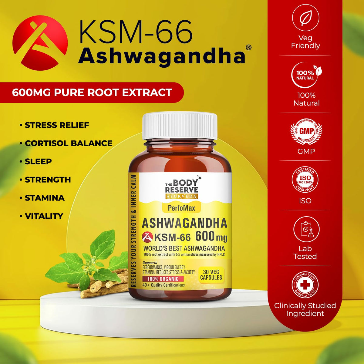 KSM-66 Ashwagandha supplement bottle with branding and product details on a yellow background