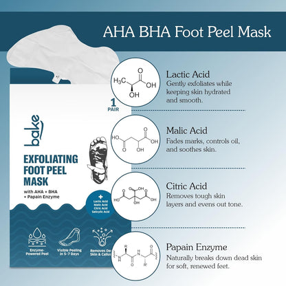 BAKE AHA + BHA Peeling & Exfoliating Foot Mask For Baby Soft Feet with Lactic Acid & 1% Salicylic Acid | Reduces Dry Skin & Hard Calluses | Hydrates Skin, Fades Marks & Removes Hard Skin | For Men & Women