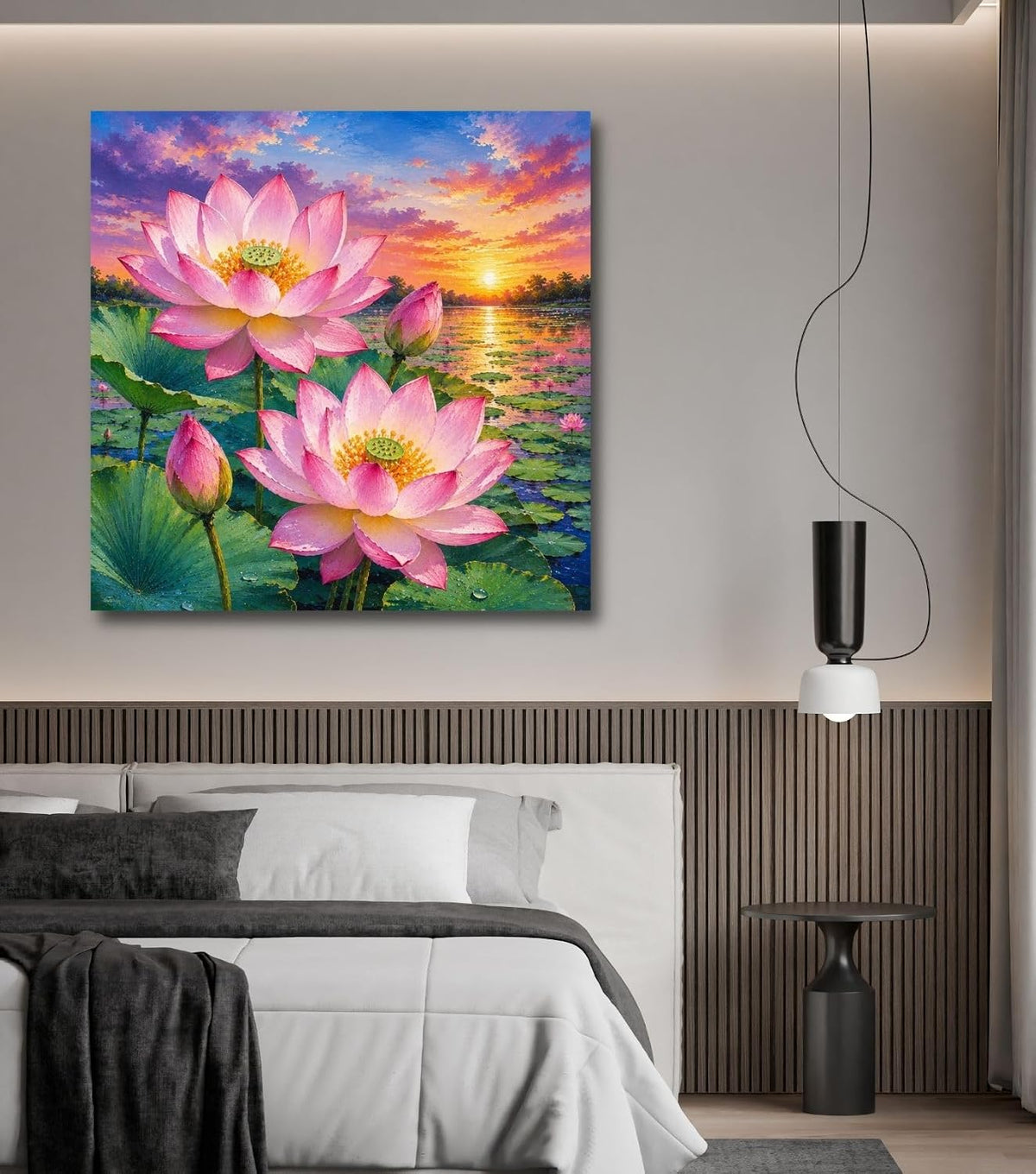 Lotus Flower Painting for Wall Vastu (15+ DESIGNS) Framed Lotus Canvas Painting for Living Room, Bedroom | Nature Floral Wall Art with Multiple Design Variations (Pink Lotus, 18x18 Inch, Framed)