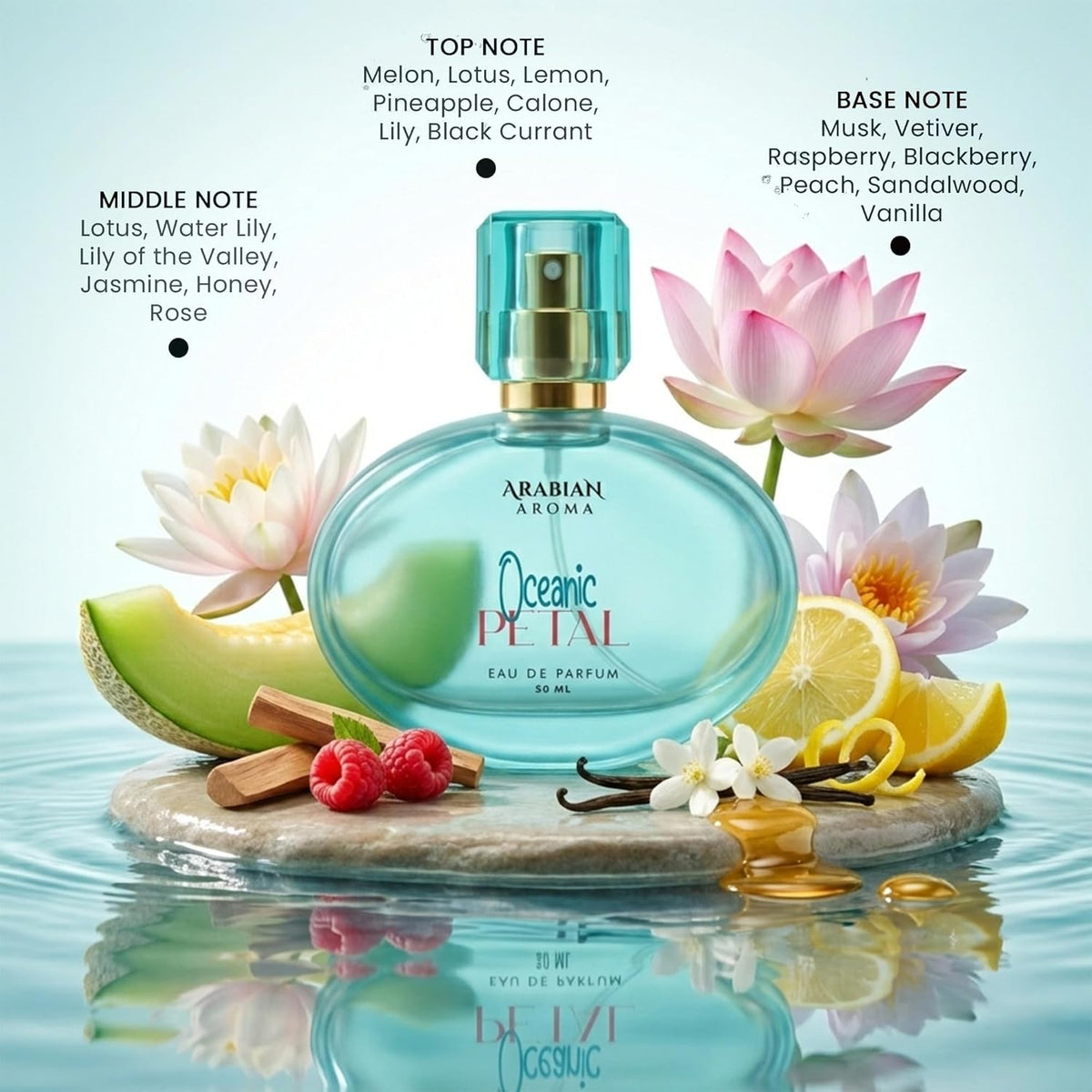 Arabian Legend Oceanic Petal perfume bottle with flowers and fruits on a water background