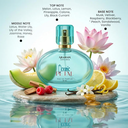 Arabian Legend Oceanic Petal perfume bottle with flowers and fruits on a water background