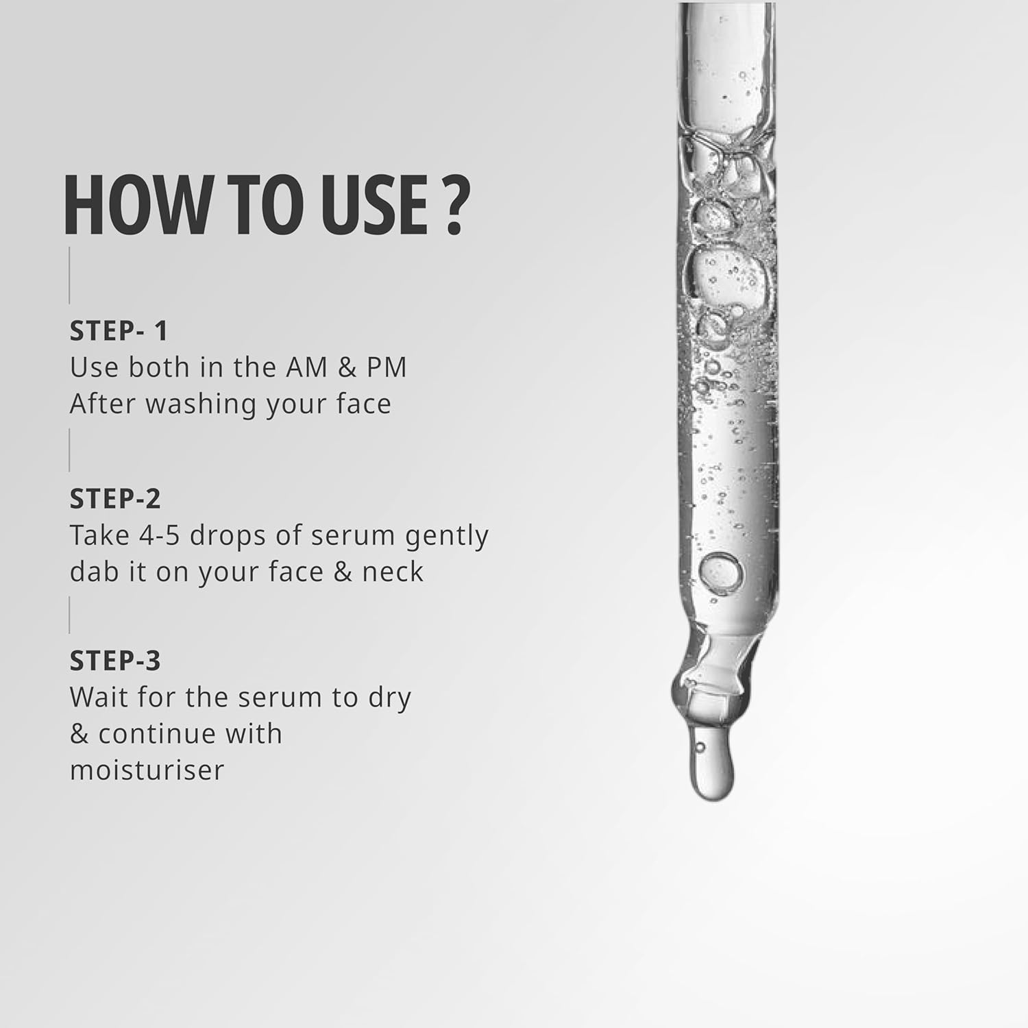 Serum dropper with usage instructions on a gray background