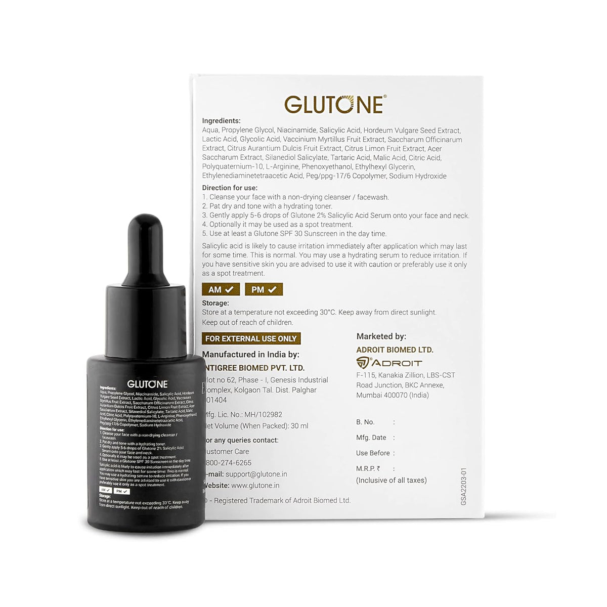 Glutone skincare serum bottle with dropper and packaging details on a white background