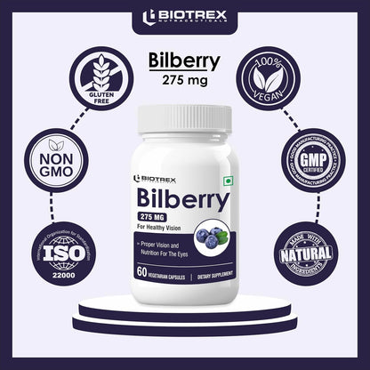 Biotrex Nutraceuticals Bilberry Extract 275mg | Anthocyanidins | Healthy Vision, Antioxidant & Eye Health Supplement | 60 Capsules