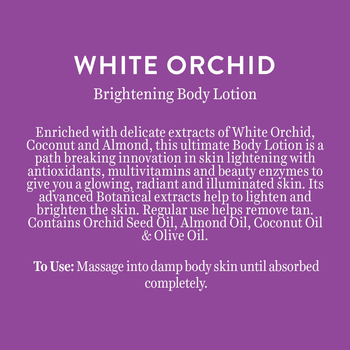 Product description of White Orchid Brightening Body Lotion on a purple background