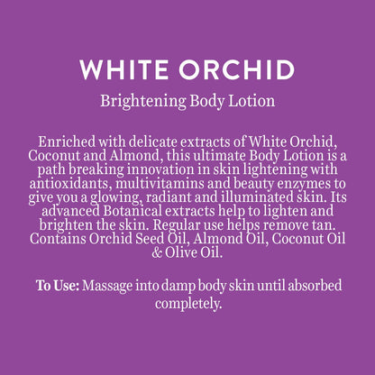 Product description of White Orchid Brightening Body Lotion on a purple background