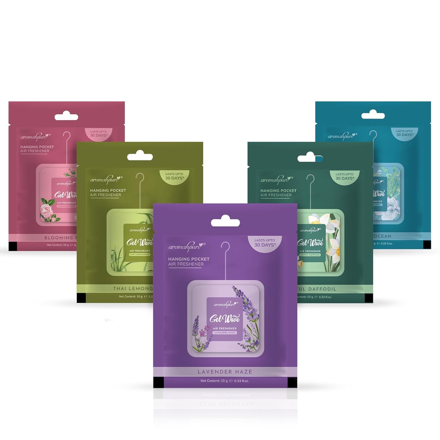 Aromahpure Gel Wave Bathroom Freshener | Assorted 50g (10g each) | Set of 5 Gel-Based hanging Pocket freshener I Lasts Up to 30 Days