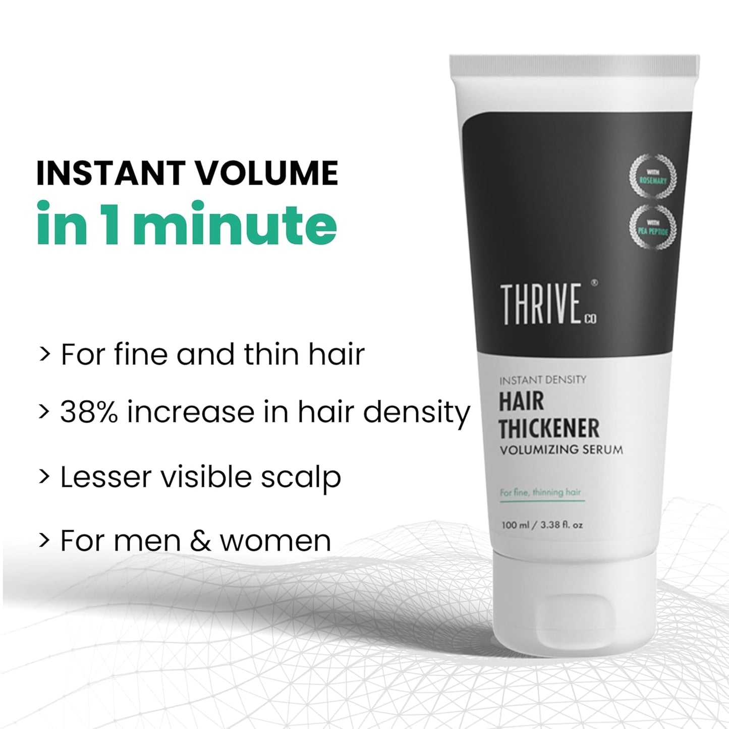 Thrive hair thickener serum with product details on a white background