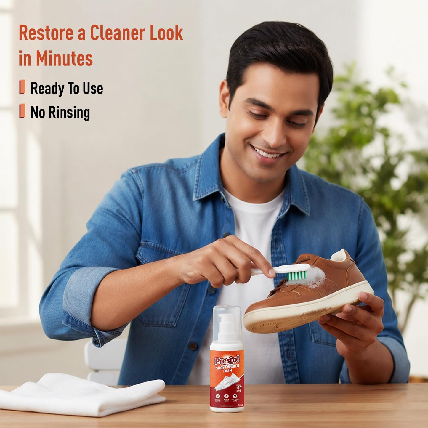 Amazon Brand - Presto! Sports Shoe Cleaner With Brush 150 ml | Removes Tough Stains | No Water Required | Ready To Use