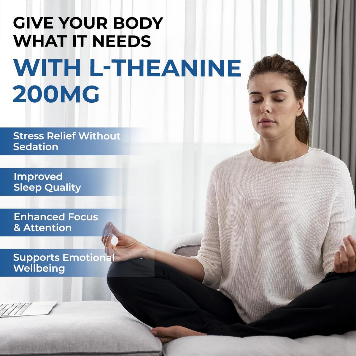 Woman meditating with text about L-Theanine 200MG benefits on a light background