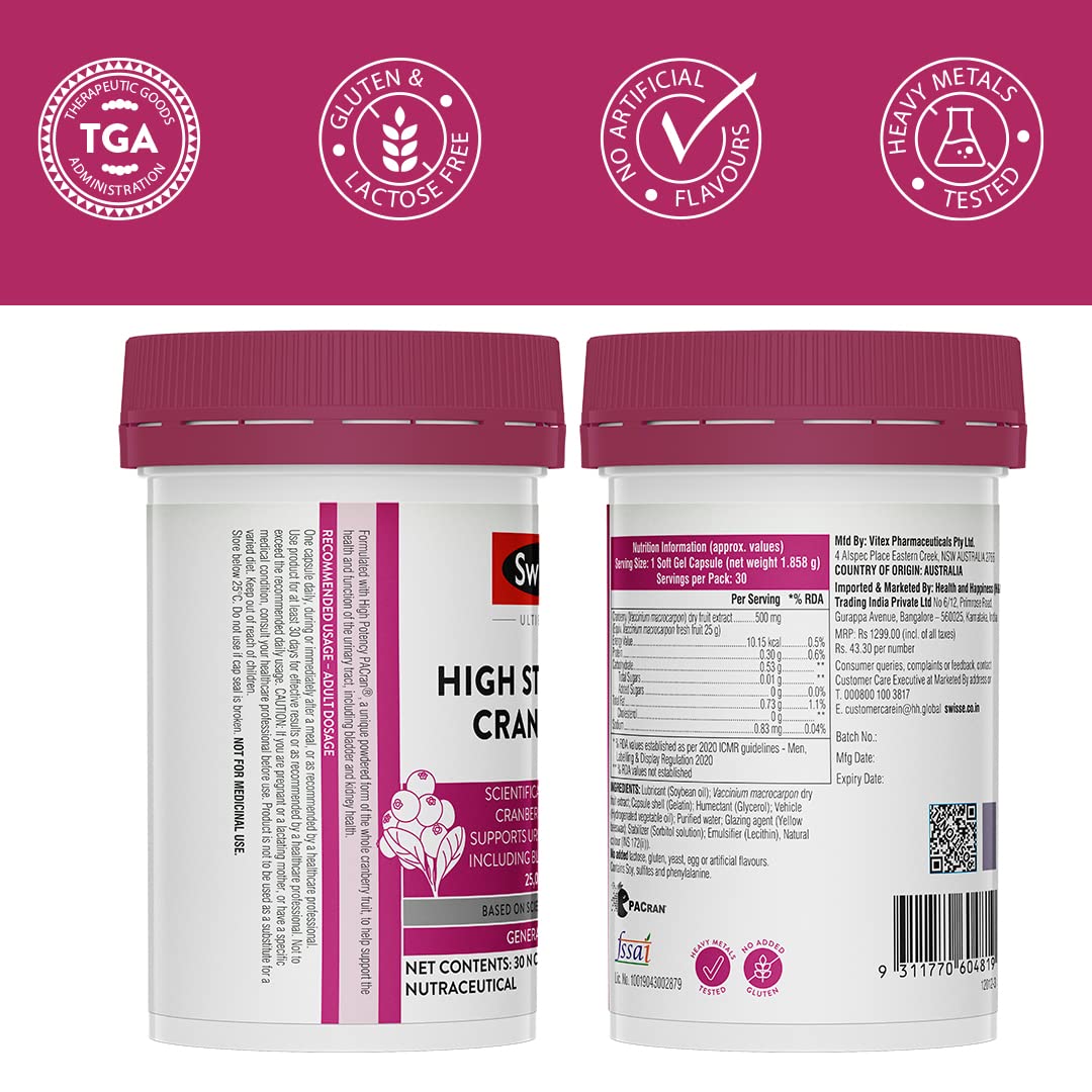 Zephivo Swisse High Strength Cranberry for PCOS, PCOD & UTI - 25000mg Cranberry Extract, Antioxidant Rich Supplement Supports Bladder & Kidney Health (30 Tablets)