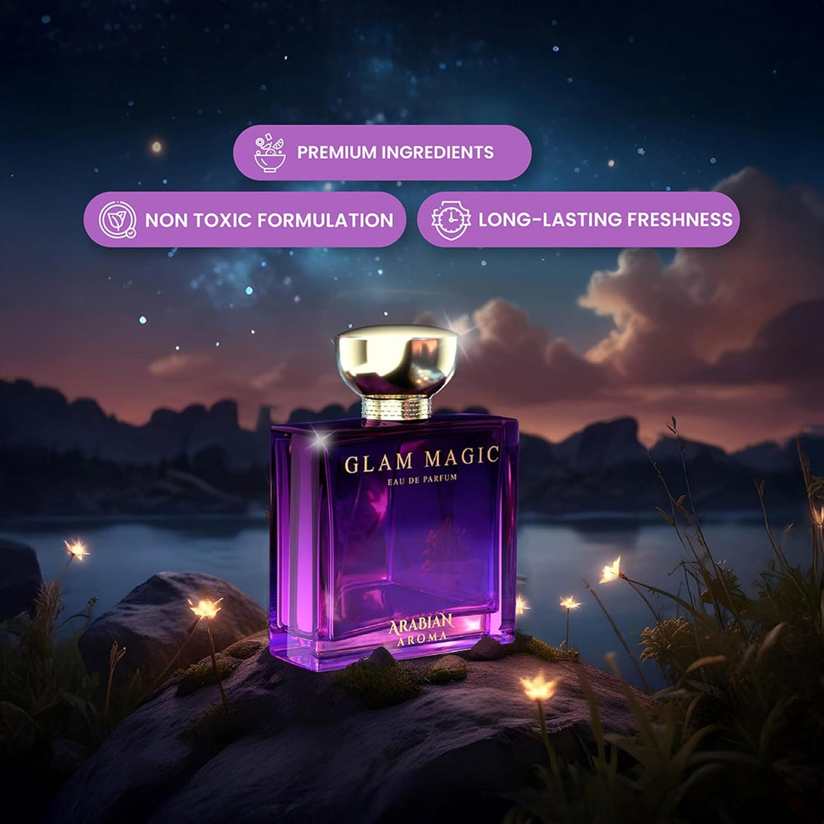Purple perfume bottle labeled 'Glam Magic' with a scenic background of mountains and stars.