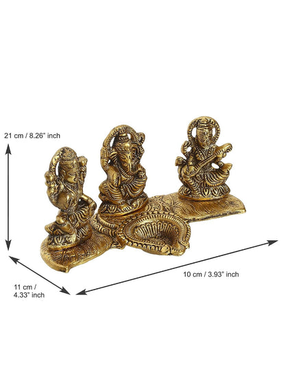 Golden Metal Handcrafted Lakshmi Ganesha Saraswati Idols with Diya On Leaf Chowki - Auspicious Decorative Idols & Diyas for Puja Room, Home, Office, Temple - Gift for Diwali, Housewarming