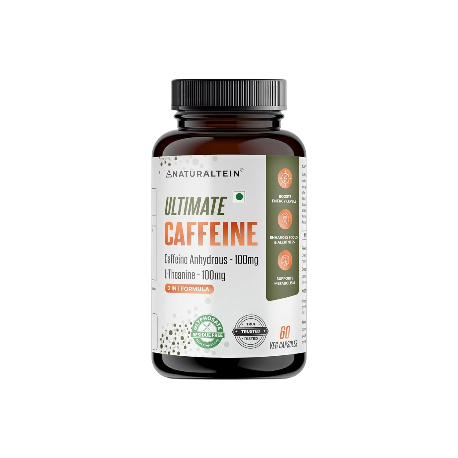 Supplement bottle labeled 'Ultimate Caffeine' by Naturaltein on a white background