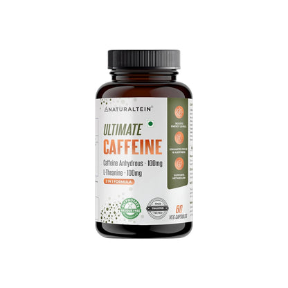 Supplement bottle labeled 'Ultimate Caffeine' by Naturaltein on a white background