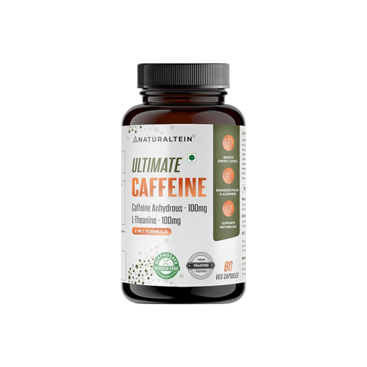 Supplement bottle labeled 'Ultimate Caffeine' by Naturaltein on a white background