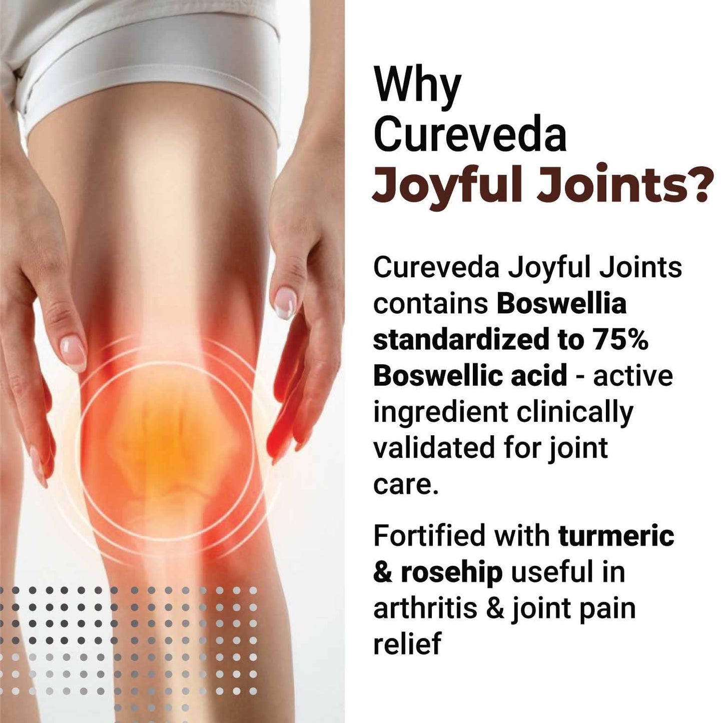 Promotional image for Cureveda Joyful Joints with a focus on joint pain relief.