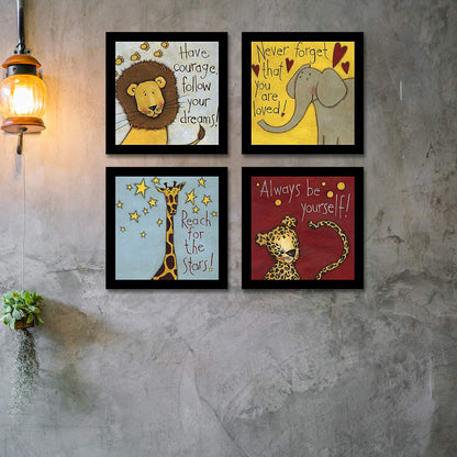 Motivational Animals Wall art paintings for living room, Motivational Quotes Framed Painting, set of 4, 9x9 Inch