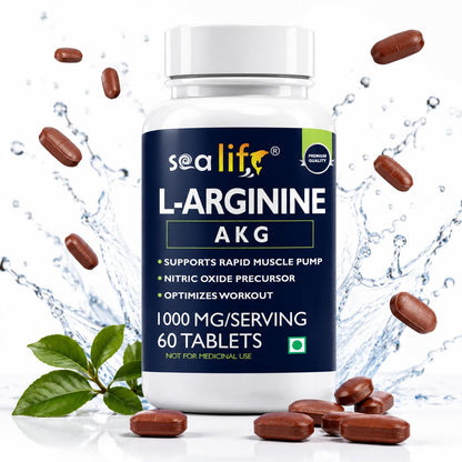 Sea Life L-Arginine AKG 1000 mg (60 Veg Tablets) | Boosts Stamina & Supports Rapid Muscle Pump | Nitric Oxide Precursor | Muscle Building Amino Acid | High Absorption L Arginine Supplement