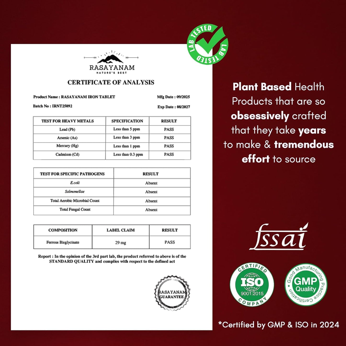 Certificate of Analysis for Rasayanam product with FSSAI, ISO, and GMP certifications on a red background.