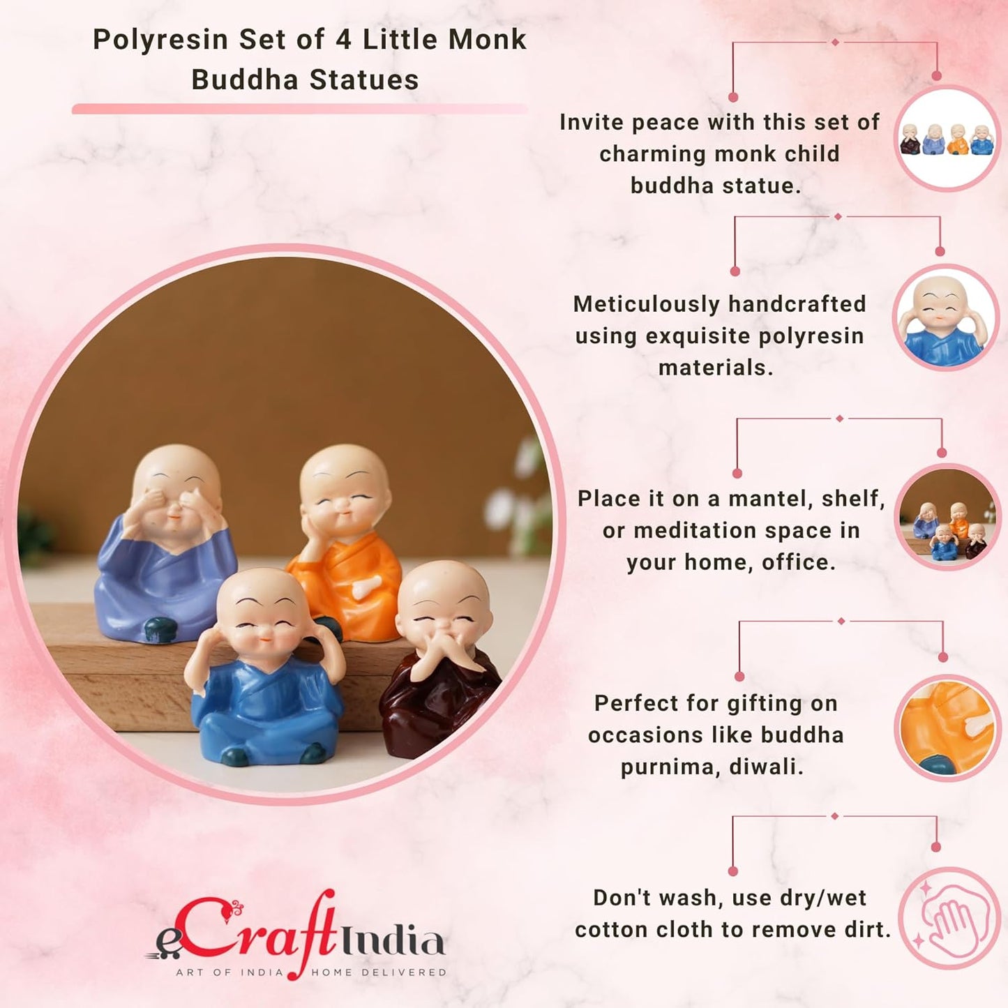 eCraftIndia Resin Set of 4 Little Monk Buddha Statue Think No Evil Speak No Evil Hear No Evil See No Evil Showpiece for Home Decor Living Room Office| Diwali Housewarming Buddha Purnima Birthday Gifts
