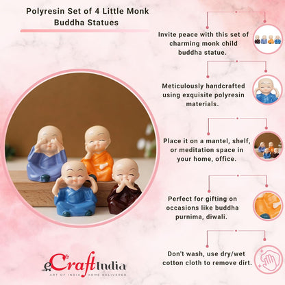 eCraftIndia Resin Set of 4 Little Monk Buddha Statue Think No Evil Speak No Evil Hear No Evil See No Evil Showpiece for Home Decor Living Room Office| Diwali Housewarming Buddha Purnima Birthday Gifts