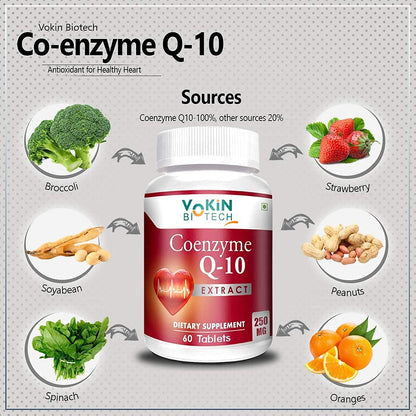 Vokin Biotech Co-enzyme Q-10 supplement with sources of Co-enzyme Q-10 on a gray background