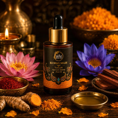 The Indie Earth Kumkumadi Tailam 30 ml | An Ayurvedic Beauty Face Oil | Miraculous Beauty Night Serum for Brighter, Glowing & Younger Looking Skin with Turmeric, Saffron, Blue Lotus & Indian Lotus