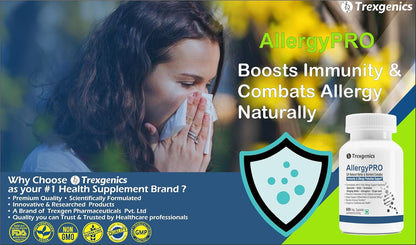 Advertisement for Trexegenics AllergyPRO supplement showing a person with allergies and product packaging.