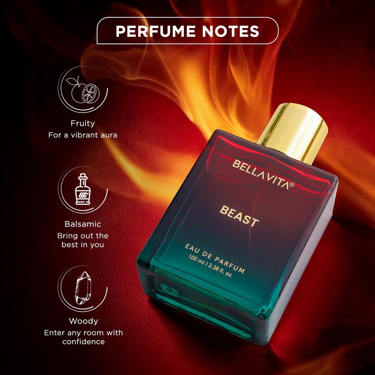 Bellavita Beast perfume bottle with flame effect and notes description on a dark background