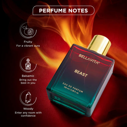 Bellavita Beast perfume bottle with flame effect and notes description on a dark background