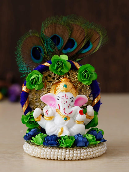 Resin Handcrafted Lord Ganesha Idol on Peacock Feather Floral Designer Plate, Divine Home Decor for Pooja Room, Car Dashboard | Gift for Diwali, Ganesh Chaturthi, Spiritual Enthusiasts