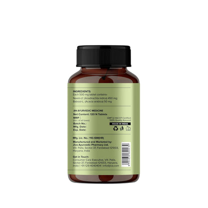 Jiva Neem Tablet - 120 Tablets | 100% Ayurvedic Formulation Purifies Blood, Treats Urinary Disorders | Pacifies Pitta And Kapha Doshas | Promotes Healthy Skin