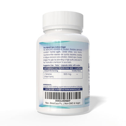 MetaCaps Pure L-Tyrosine 500mg – 90 Veg Capsules | High-Potency Amino Acid for Brain Support | Enhances Focus, Mental Clarity & Alertness | Stress Management & Mood Balance | Non-GMO & Vegan