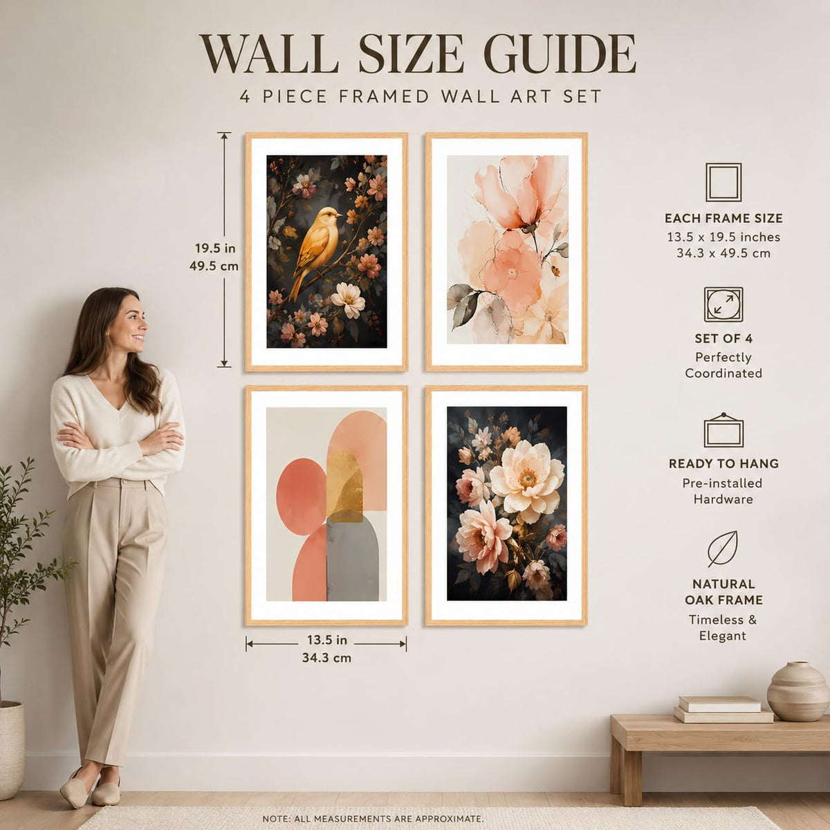 Set of 4 Floral Bird & Abstract Wall Paintings with Sparkle Laminate and Premium Wooden Synthetic Frame for Living Room Bedroom Office Decor (13.5 x 19.5 Inch)