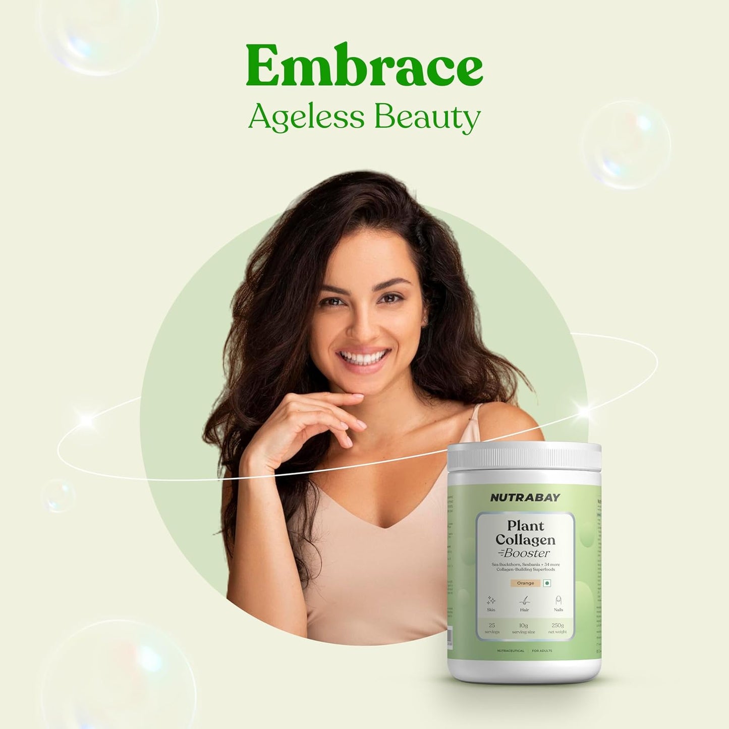Woman with long hair holding a container labeled 'NUTRABAY Plant Collagen Booster' on a light green background.