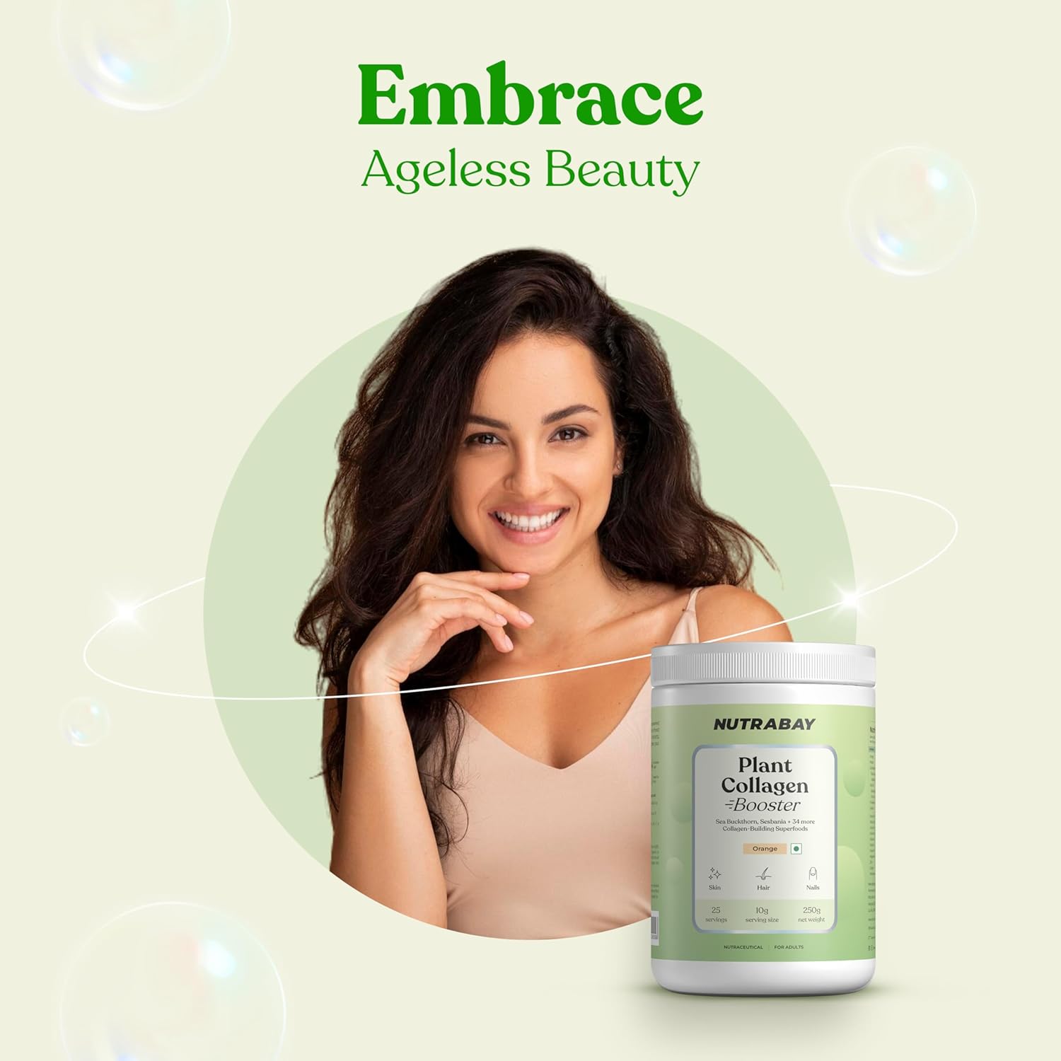 Woman with long hair holding a container labeled 'NUTRABAY Plant Collagen Booster' on a light green background.