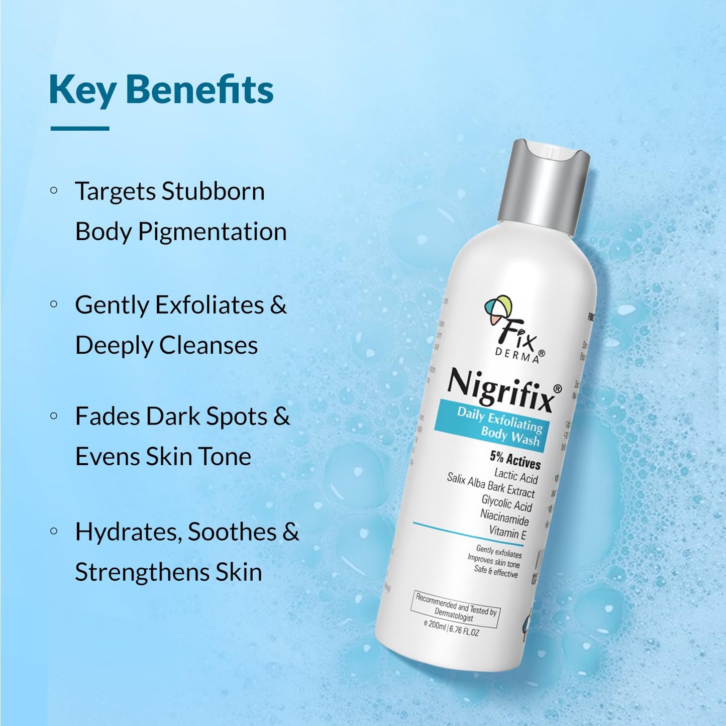 Fixderma Nigrifix Cream + 5% Actives Exfoliating Bodywash Combo | Cream for Underarm Whitening, Dark Neck, Ankles, Knuckles & Elbows | Exfoliating Shower Gel for Women & Men | All Skin Type - 250ml