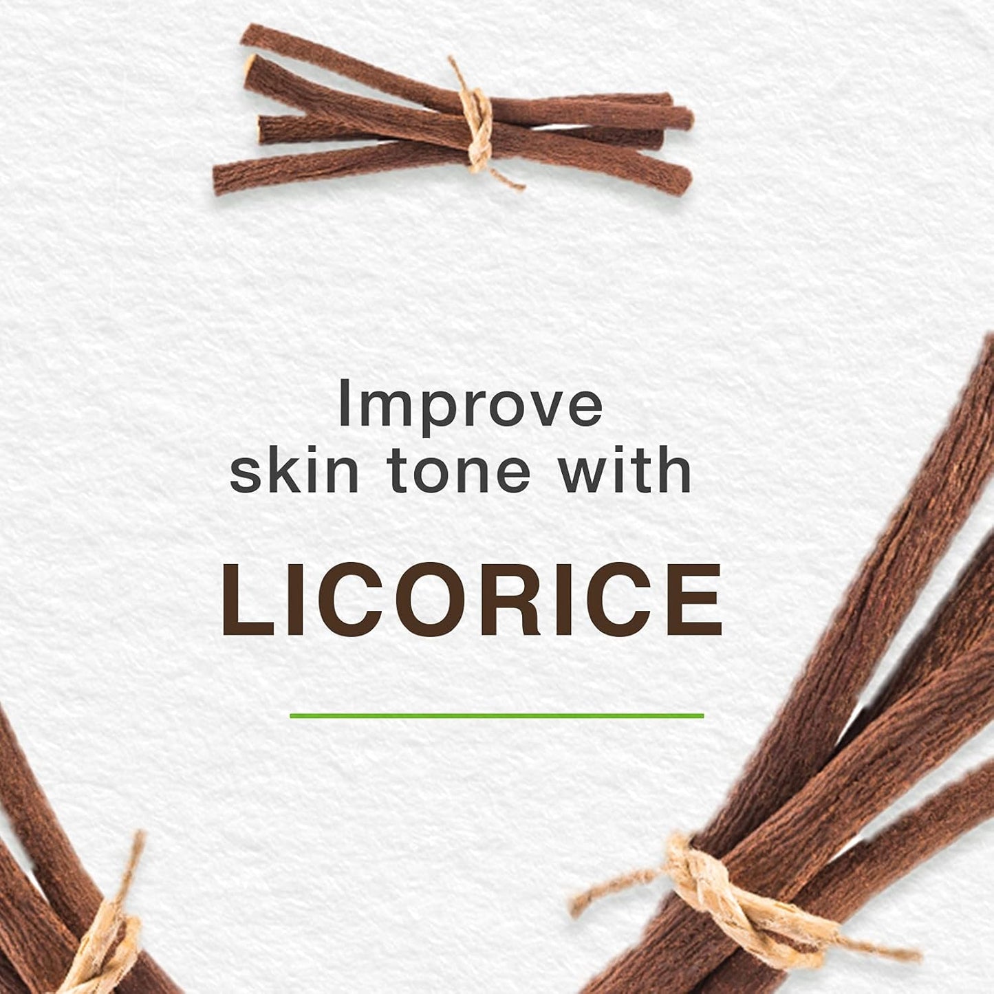 Licorice sticks tied with twine on a textured white background with text 'Improve skin tone with Licorice'.