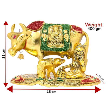 KridayKraft Kamdhenu Cow,Calf with Bal Gopal Krishna Metal Statue for Good Luck,Feng Shui As Table Top Figurine,Vastu,Religious Gau MATA Idol Home,Office&Table Decorative,Animal.