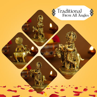 100% Pure Brass Lord Krishna Idol with Flute (9 cm) | Shree Lord Krishna Statue for Home Decor | Kanha Ji ki Murti for Office Desk | Sri Krishna Idols Gift for House Warming