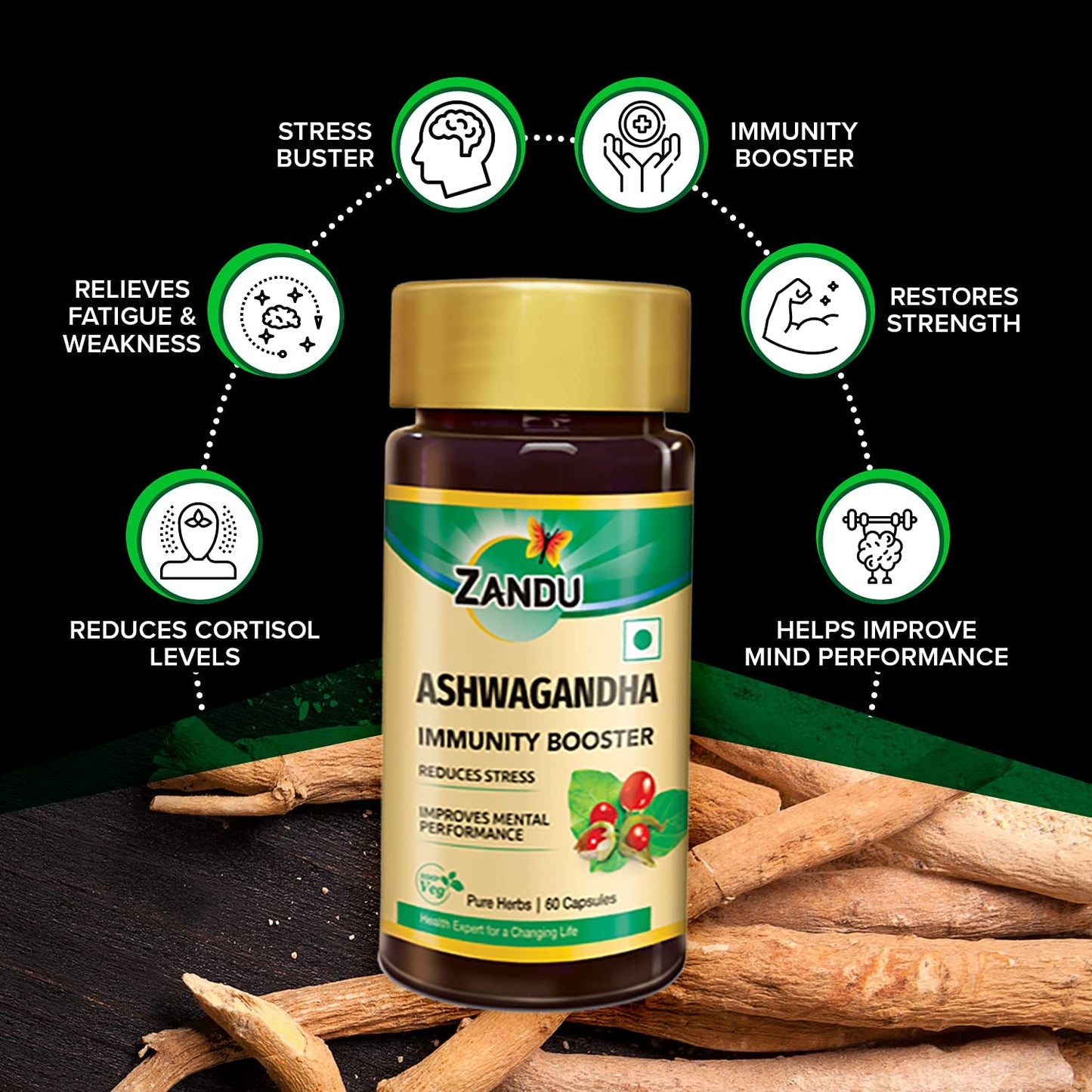 Zandu Ashwagandha 60 Veg Caps | 100% Pure Ashwagandha Root Extract | Scientifically Proven for Stress Relief With 5X Withanolide*| Boosts Immunity & Stamina | Rejuvenates Mind & Body| No Preservatives