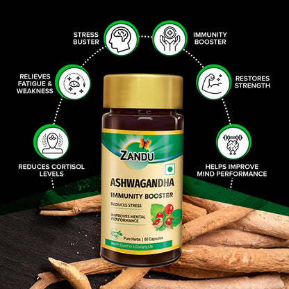 Zandu Ashwagandha 60 Veg Caps | 100% Pure Ashwagandha Root Extract | Scientifically Proven for Stress Relief With 5X Withanolide*| Boosts Immunity & Stamina | Rejuvenates Mind & Body| No Preservatives