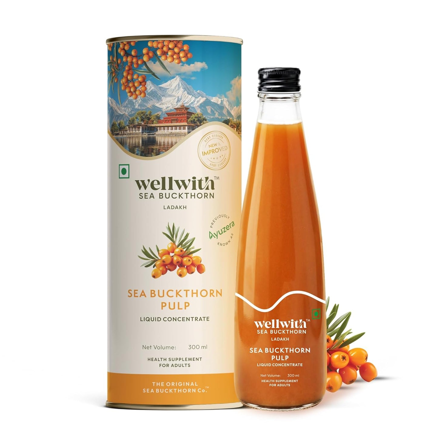 Wellwith by Ayuzera Himalayan Seabuckthorn Pulp Juice 300ml | Cold Pressed Daily Wellness Drink | Natural Vitamin C, Omegas & Antioxidants | For Immunity, Skin Radiance & Gut Wellness