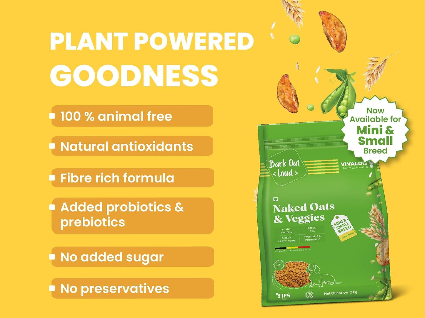 Bark Out Loud/Vivaldis - Naked Oats & Veggies, Small/Mini Breeds | Premium Veg Dog Food | Prebiotics & Probiotics, Vitamins and Fibre | Vegeterian Dry Dog Food Kibbles (1 Kg)