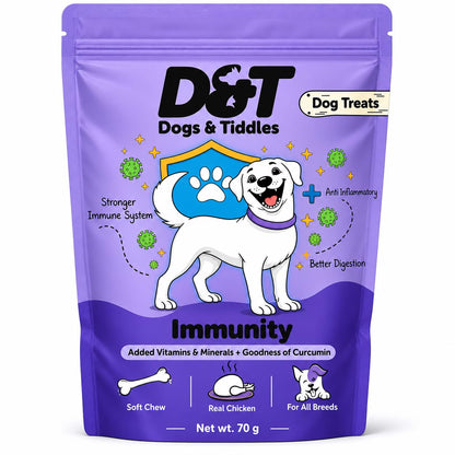 Dogs & Tiddles Immunity Dog Treats for Puppies & Adult Dogs, 70g | Soft & Chewy Real Chicken Puppy Treats | with Curcumin, Vitamins & Minerals | Supports Immune Health