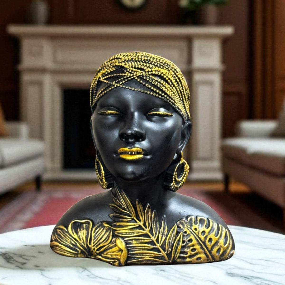 Black & Gold Tribal Leaf Lady Bust 19cm Polyresin African Woman Figurine | Elegant Table-Top Decorative Showpiece for Living-Room Office Desk Shelf & Gift Collectible Decorative Showpiece