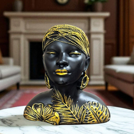 Black & Gold Tribal Leaf Lady Bust 19cm Polyresin African Woman Figurine | Elegant Table-Top Decorative Showpiece for Living-Room Office Desk Shelf & Gift Collectible Decorative Showpiece