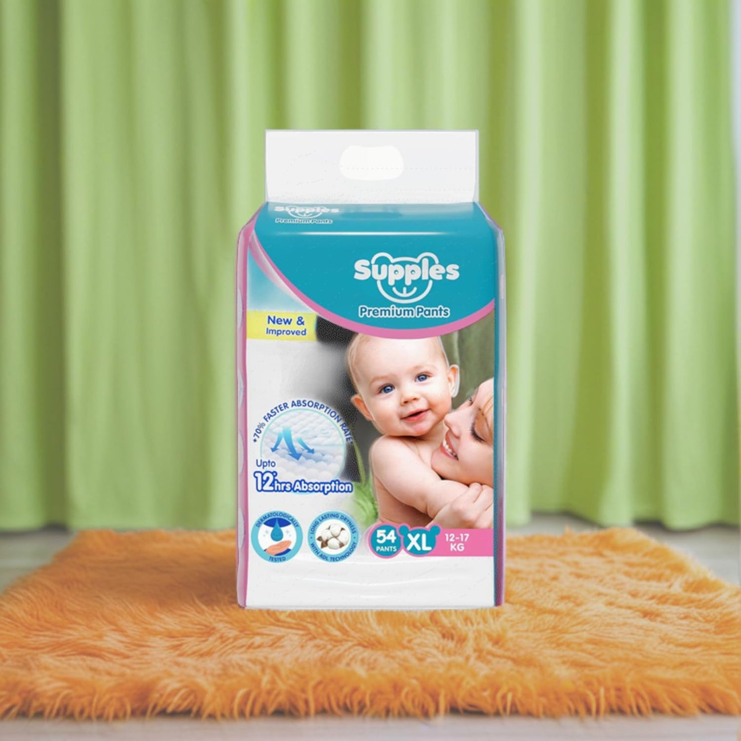 Supples Premium Baby Diaper Pants | 54 Baby Diapers | XL | 12-17 Kg | 12 Hrs Absorption | Cushiony Cotton Soft Fabric | Phthalates-Free | Triple Leak Guard